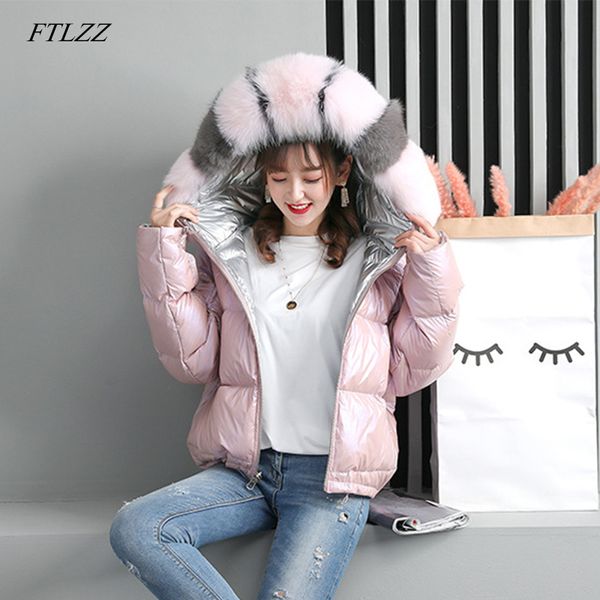 

ftlze 2019 зимняя куртка женщины реальный шубой пальто натуральный меховой воротник свободные короткие пальто славника белая двухсторонняя у, Black