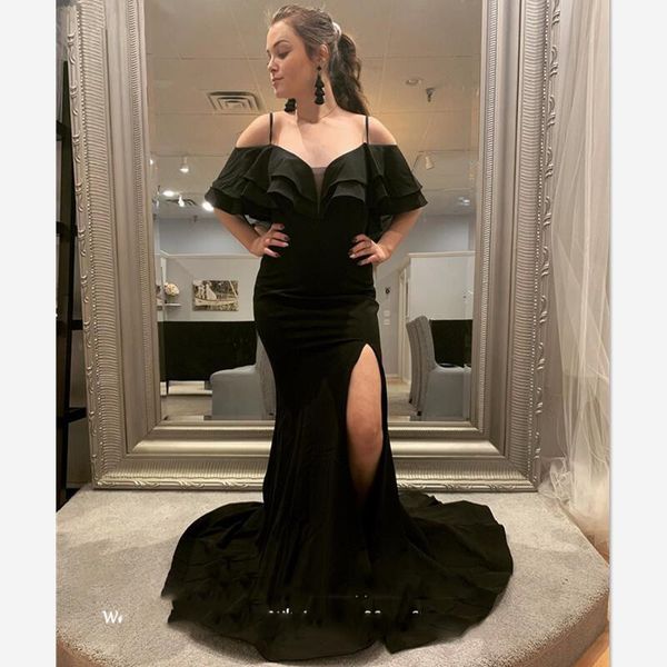 

black mermaid formal evening dress ruffles off shoulder side split court train long prom dresses for women robe de soiree, Black;red