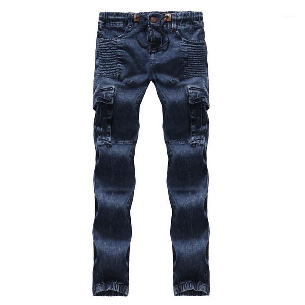 

mens pencil jeans regular mid waist designer mens pants cotton tether male clothing blue with pleated