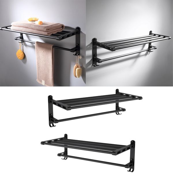 

2pack of aluminum black matte bathroom towel rack with shelf and hooks 59cm