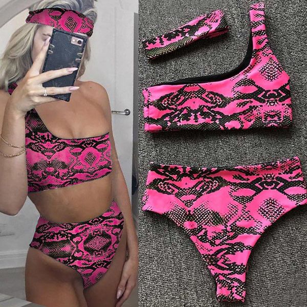 

women split swimsuits snake skin printed one shoulder bra bikini + swimming briefs mc889