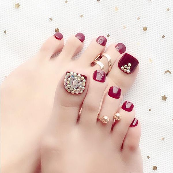 

addfavor full cover fake toenails red rhinestone false nail tips manicure nail art decoration 24pcs/set, Red;gold