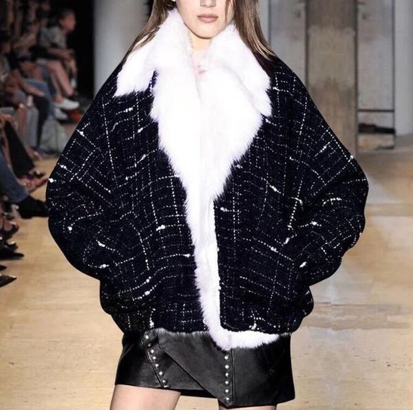 

big fur collar ladies wool coat women loose black winter coat white fur collar fashion women's winter jacket