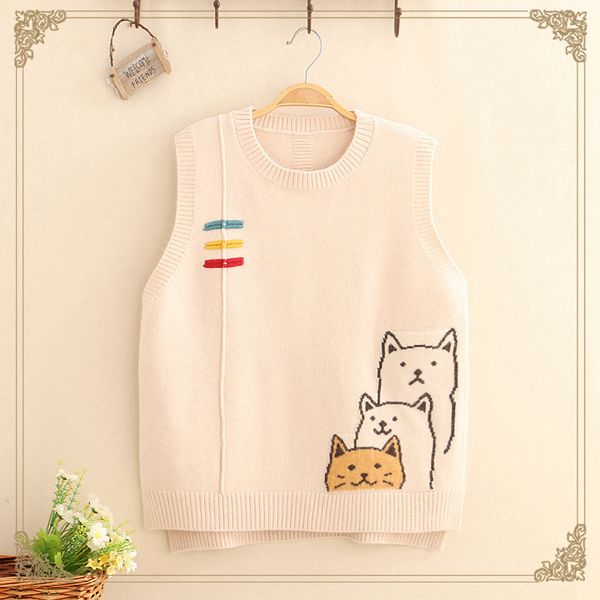 

korean loose v-neck knit vest 2019 new embroidery button three puppies pullover vest sweater 9419110812, Black;white