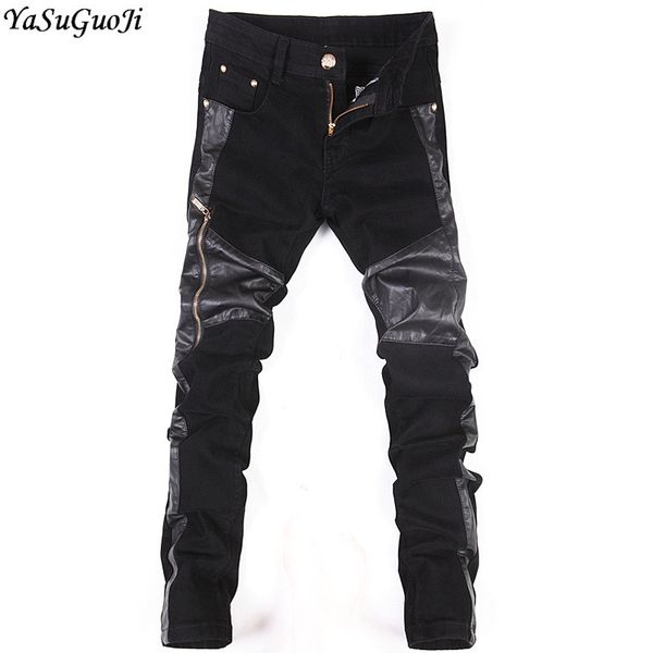 

yasuguoji punk style fashion one zipper design black jeans men pu leather patchwork skinny jeans men streetwear biker, Blue