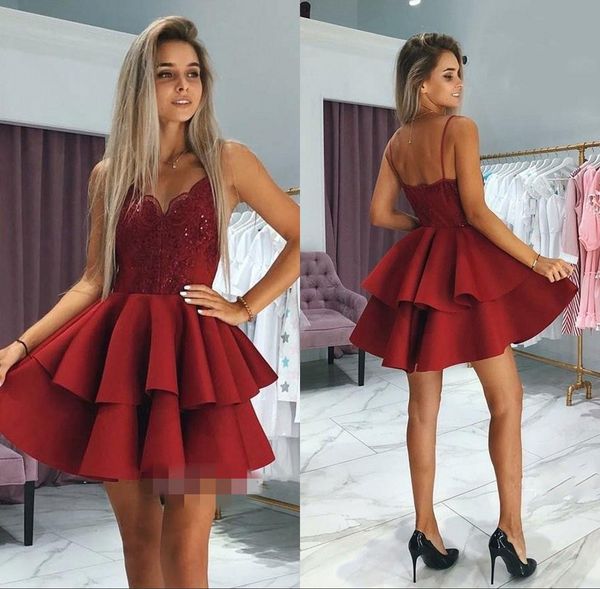 

2 layered burgundy homecoming dresses lace appliqued spaghetti short prom party dress cocktail dress vestido bc0002, Blue;pink