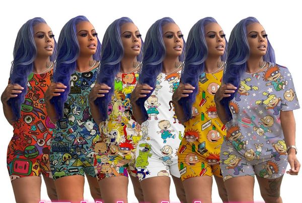 

women cartoon printing personalized street leisure two-piece set summer short sleeve t shirt + shorts 2pcs set sportswear, Gray