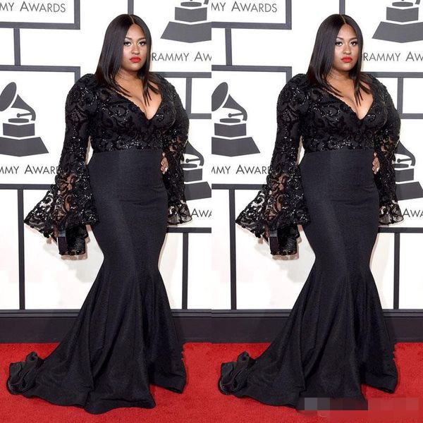 

2019 modest black plue size evening dresses long poet sleeves sequins appliqued deep v neck mermaid prom celebrity party gowns, Black;red