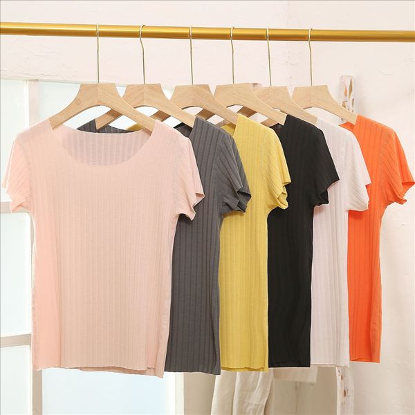 

2020 women's short-sleeved t-shirt versatile slim round collar thread base shirt large size, White