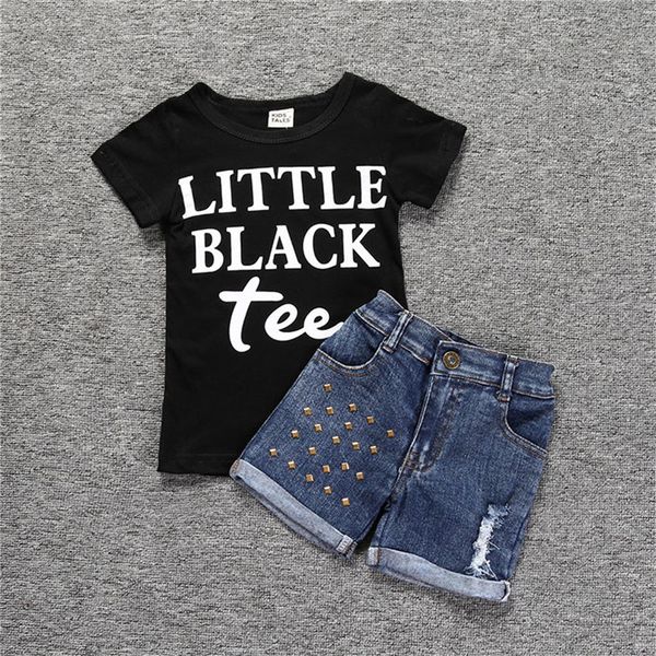 

summer new girls clothes set cotton letter printed black short sleeve t-shirt jeans shorts 2pcs suits infant toddler set, White