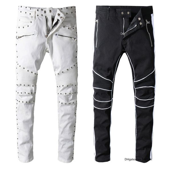 

balmain men мужские дизайнерские джинсы известный бренд черные белые джинсы тощие рваные разрушенные стрейч slim fit hop hop брюки с отверст, Blue