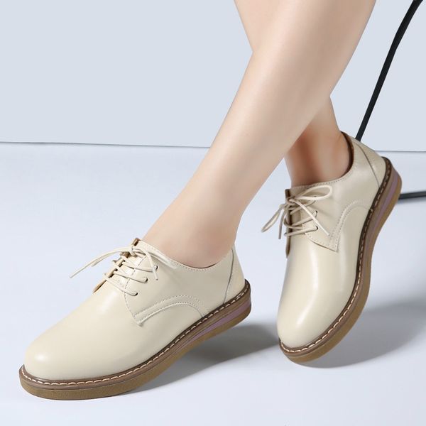 

2020 autumn women oxfords shoes flats shoes women pu leather lace up flat heel rubber boat round toe moccasins, Black