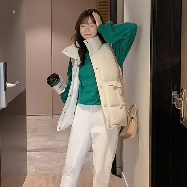 

korean style college wind vest quilted coat parkas standing collar solid candy color vest women winter single button jacket, Black;white