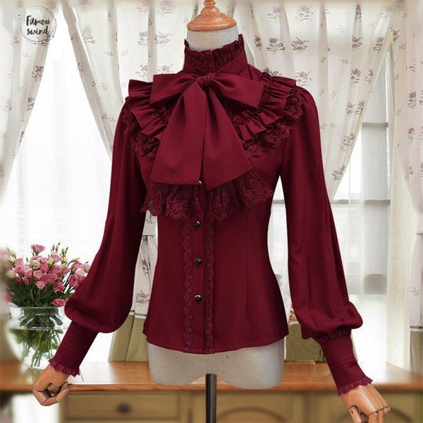 

vintage lolita blouse wine women red black blue white long sleeve chiffon shirt stand collar elegant blusas female