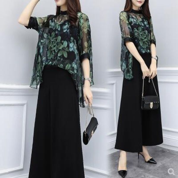 

office lady elastic waist two piece set and pants floralchiffon ensemble femme survetement pastel summer costume, White