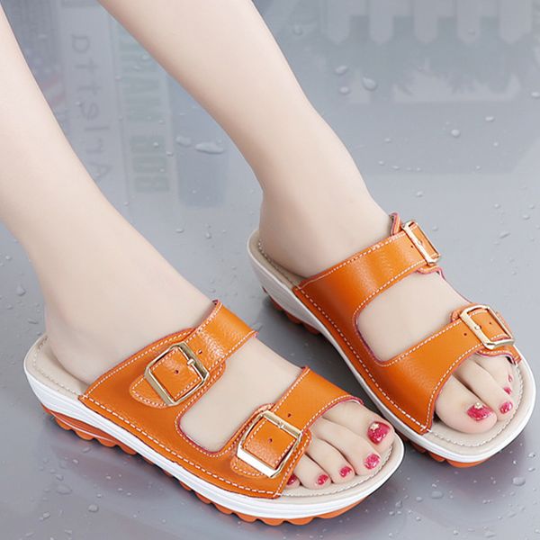 

женщина пряжка тапочки платформа женщины повседневная открытый горки дамы пляжная обувь женские квартиры женская мода швейная обувь, Black