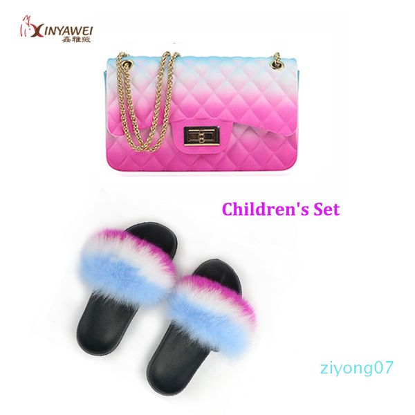 

100% genuine fur fur slippers for child, rainbow shoes, cute flip flops, girl travel shoes, jelly bag set, fashion bag, Black