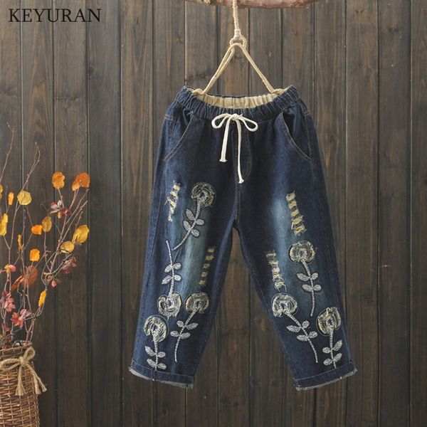 

2019 summer new female hole embroidered flowers loose seven points elastic waist harem jeans trousers women l3368, Blue