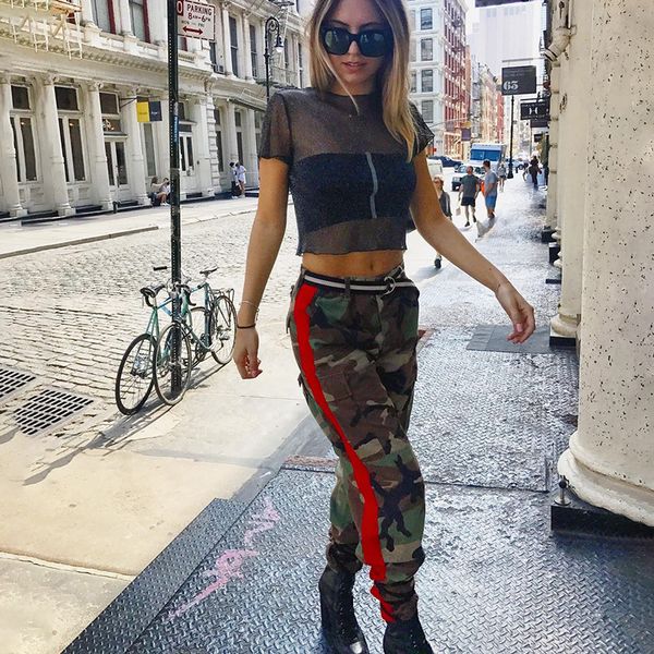 

high waist long women camouflage pants summer loose casual pants side stripe army for women, Black;white