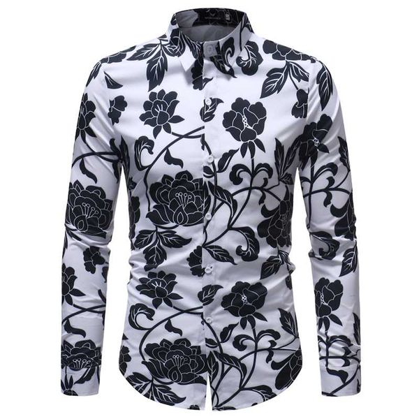 

men's casual shirts arrival men printed floral slim fit turn-down collar shirt long sleeve dress big sizes, White;black