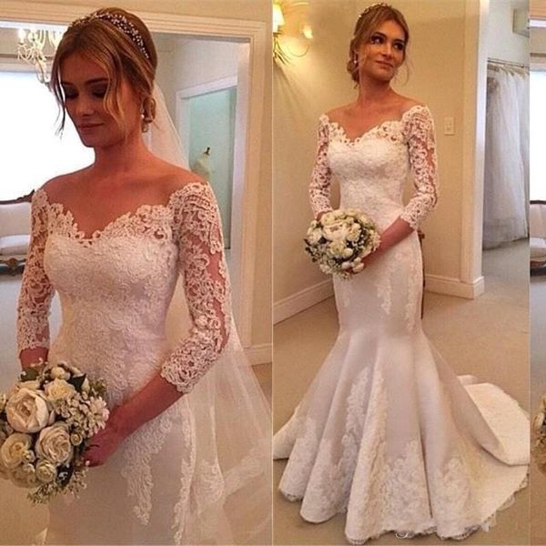

Elegant Satin Sweep Train Lace Appliques Bridal Dresses 3/4 Sleeve Mermaid Wedding Dresses Vintage Sexy Off Shoulder Royal Wedding Dresses