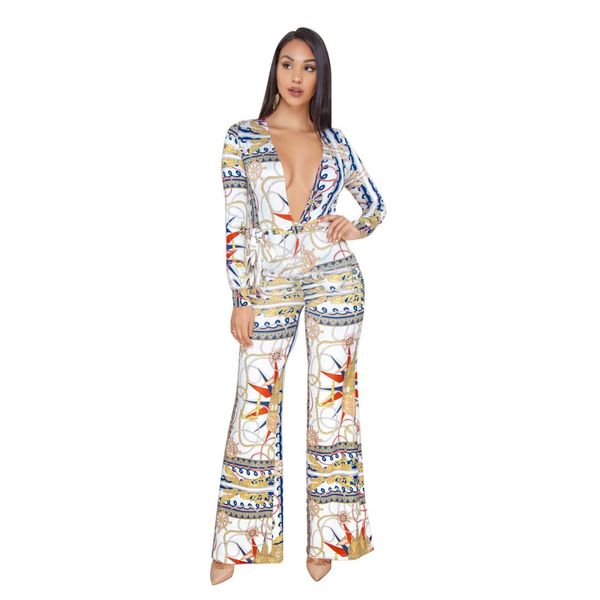 

casual floral print jumpsuits romper wide leg v neck body women long sleeve one piece playsuits, Black;white