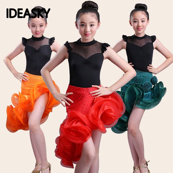 

stage wear child kid children professional girl latin dance dress kids ballroom tango dresses for girls skirts costumes, Black;red