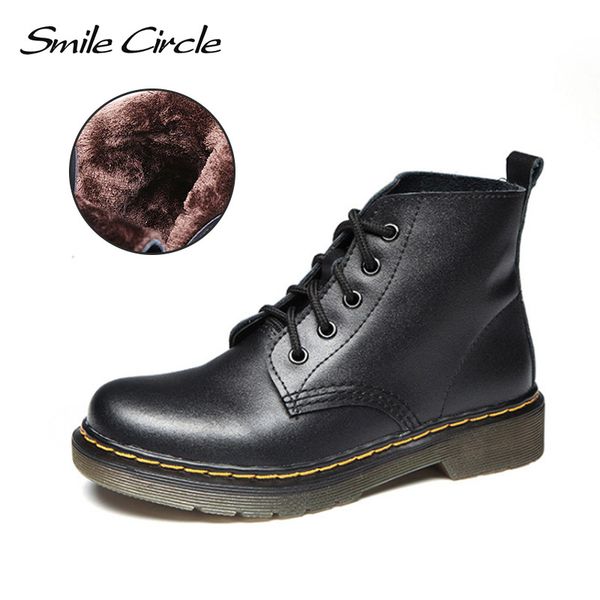 

size 35-44 autumn ankle boots women flat platform boots warm plush winter round toe lace-up leather shoes, Black