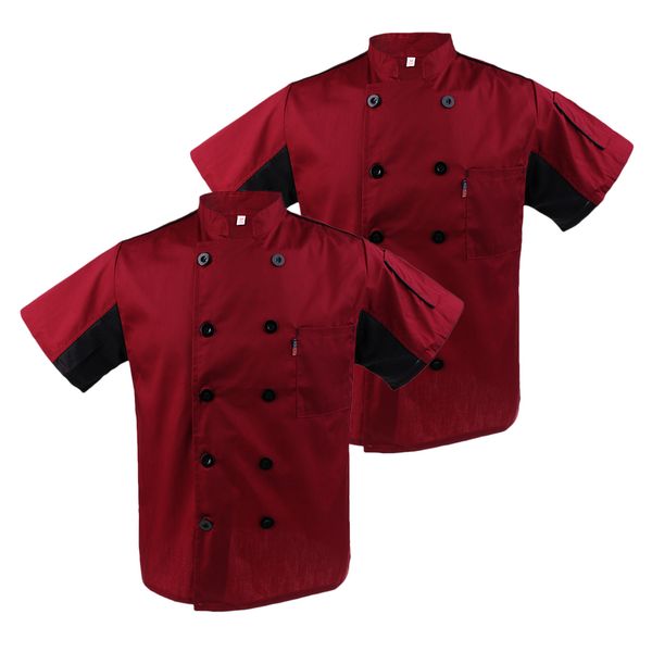 

2pcs double breasted short sleeve chef jacket coat red cook l uniform, White;black