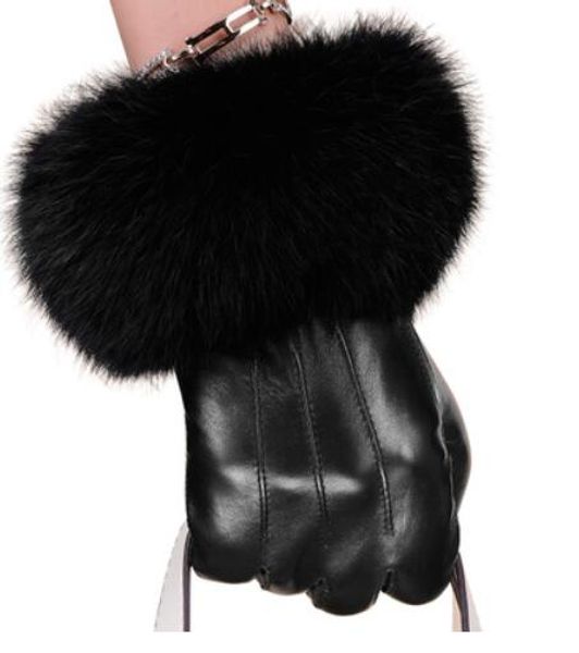 

women winter genuine leather luxury fashion brand gloves long fluff classic warm soft ladies sheepskin finger gloves, Blue;gray