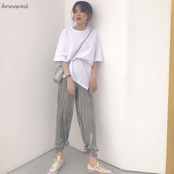 

автозагар мода серебряные женские брюки высокой талией плиссированные брюки женские harajuku stretch лето широкие ноги одежда брюки, Black;white