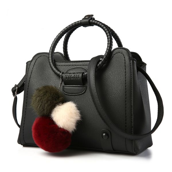

new casual pu leather women bag leisure hair ball ornaments casual tote evening brand fashion handbag lady bag handle bags