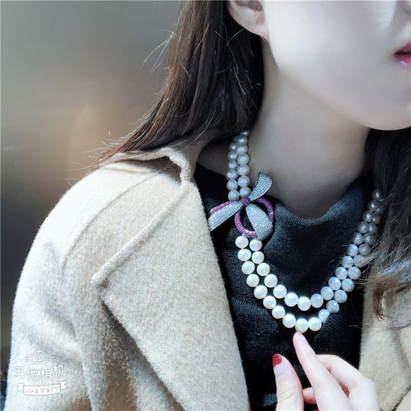 

hand knotted 2strands 8-9mm white freshwater cultured pearl micro inlay zircon accessories button sweater necklace long 45-48cm, Silver