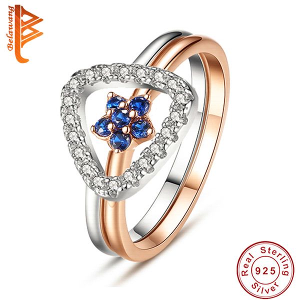 

belawang rose gold color finger ring for women with blue cubic zircon star design 925 sterling silver rings engagement jewelry, Slivery;golden