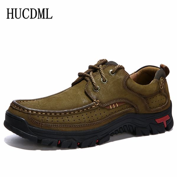 

hucdml genuine leather men's shoes outdoor hiking non-slip casual shoes cow leather work loafers plus size 39-48, Black