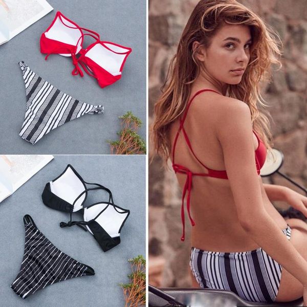 

women's swimming suit 2019 bikini swimsuit women striped push-up padded bra beach halter bikini set swimsuit swimwear