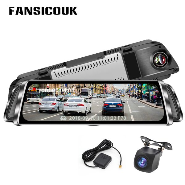

fansicouk smart rearview mirror car dvr 10'' touch 1080p registrar dual lens dash cam gps track night vision auto camera