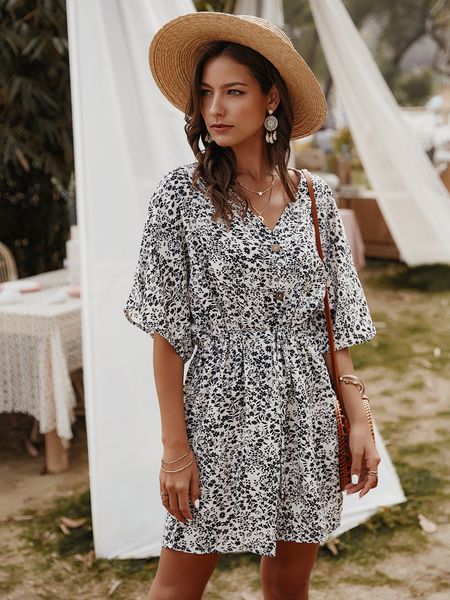 

spring and summer new small floral skirt half-sleeve v-neck button designer women dress white green orange size s-xl, Black;gray