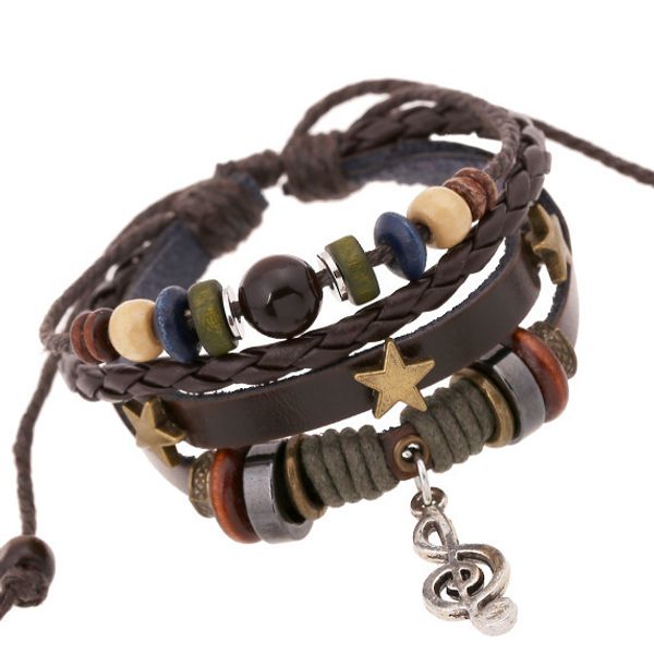 

retro music character model bracelet a string of genuine leather bracelet bohemian alloy note cowhide jewelry, Black