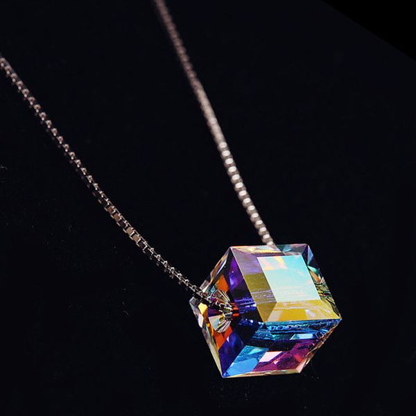 

collier femme silver chain ladies charm necklace jewlery aurora cube sugar pendant necklace austrian dazzle crystal jewlery