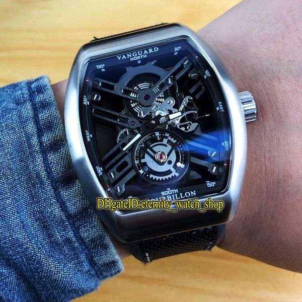 

6 style saratoge vanguard skeleton v 45 t sqt nr skeleton dial tourbillon japan miyota automatic mens watch silver case rubber leather strap, Slivery;brown