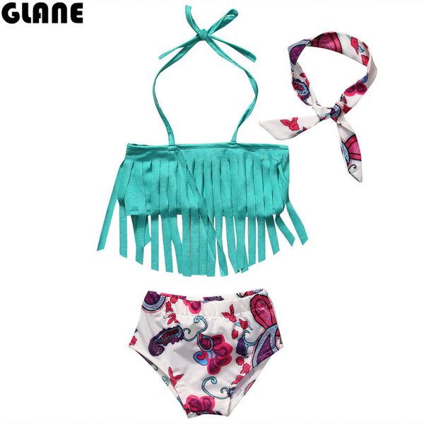 

2018 tassel bikini for girls with pads bandeau children swimwear kids two piece swimsuit 0-5 years old swimming suits blue teen