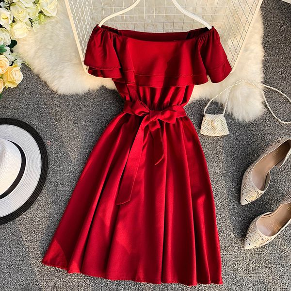 

casual dresses solid color strapless waist dress, Black;gray