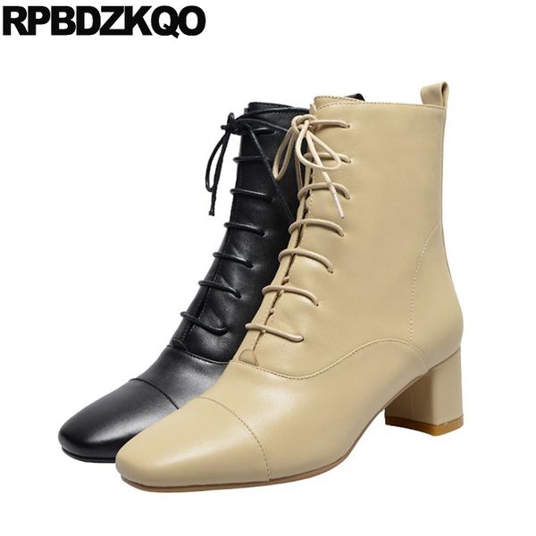 

women ankle boots medium heel beige ladies fur lace up fall short winter 2019 block autumn real leather chunky square toe shoes, Black