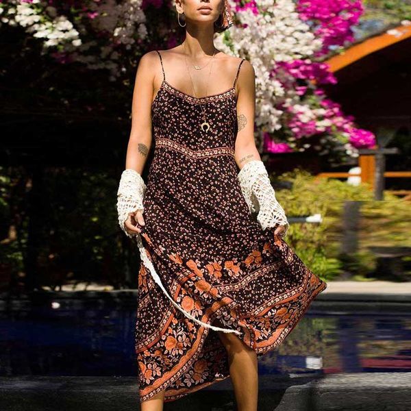 

boho inspired spring summer sundress cocoa florals strappy dress for women 2019 bohemian maxi chic beach dress 2019 vestidos, Black;gray