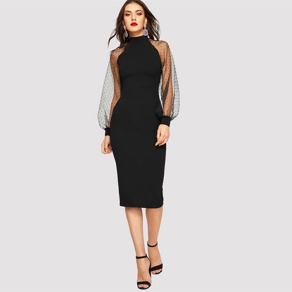 

party black or blue pencil bodycon dress with jacquard contrast mesh lantern sleeve spring women long sleeve solid dresses, Black;gray