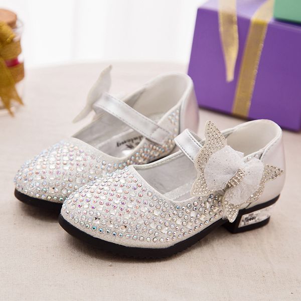 

girls low diamond children' shoes and leather shoes 2016 spring new children princess bow, Black;grey