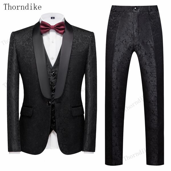 

thorndike 2020 new design clasic mens stylish embroidery black floral pattern suits stage singer wedding groom tuxedo costume, White;black