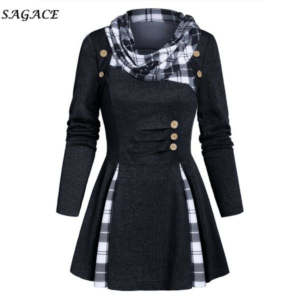 

sagace women plus size women asymmetric neck long sleeve pliad button pachwork fashion long sleeve pullover, White