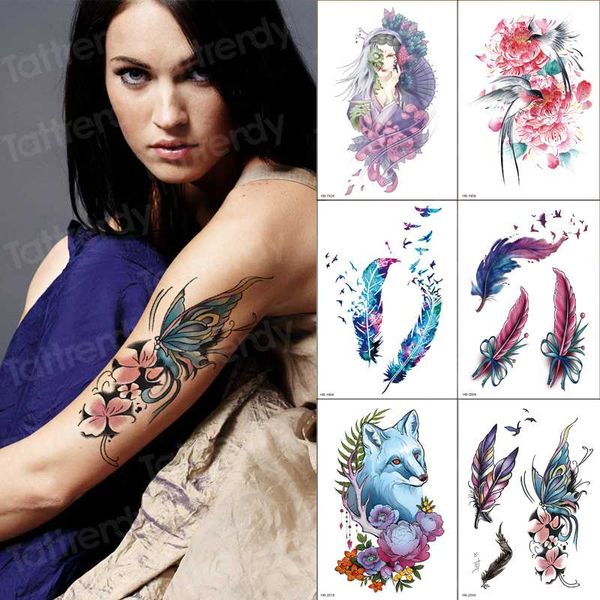 

waterproof temporary tattoo sticker bird feather body art watercolor tatoo fake big 6pcs/sets arm sleeve tattoos for girl women